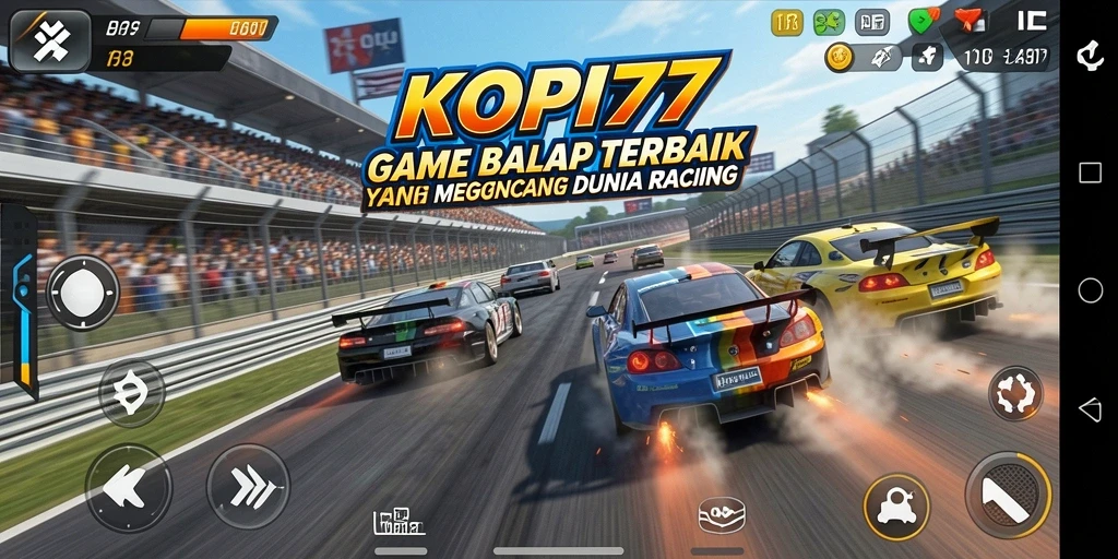 Tampilan gameplay seru KOPI77 saat balapan di trek menantang.