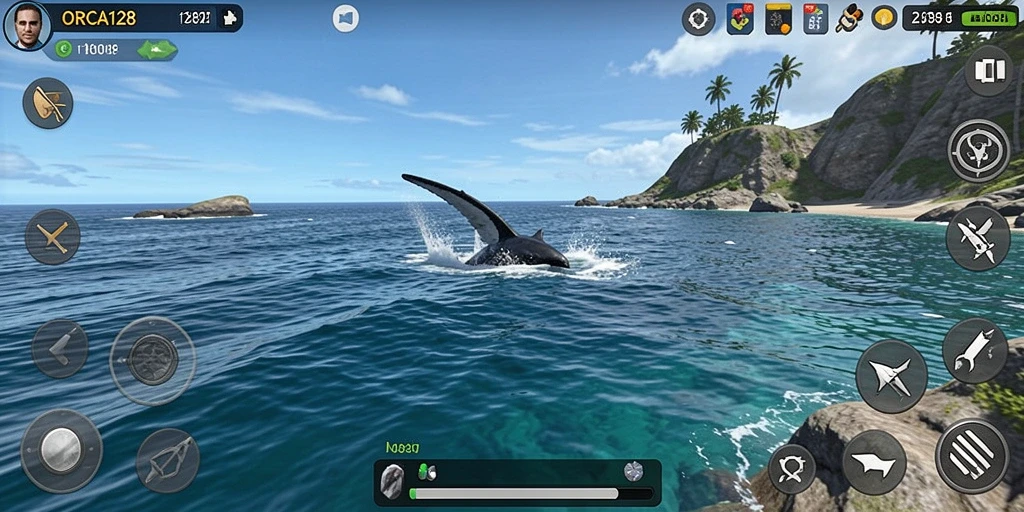Tampilan gameplay ORCA128 yang menakjubkan saat menjelajahi lautan.